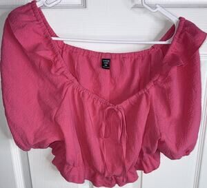SHEIN Pink Ruffle Tie Accent V-Neck Short Sleeve Cropped Blouse 1XL